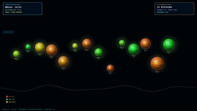 A sophisticated digital interface for organoid growth monitoring displays glowing green yellow and orange spherical cells dividing and expanding on a dark futuristic background
