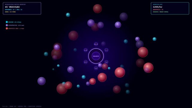 A digital Organoid Growth Monitoring interface tracks biological vesicle secretion rates during cell development cycles across multiple time-lapse frames in a dark high tech laboratory environment