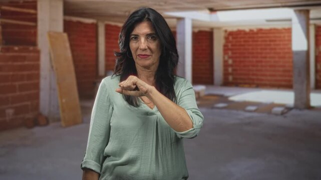 Woman points finger to camera and holds right fist near chest in unfinished building; assertive determination and quiet authority.