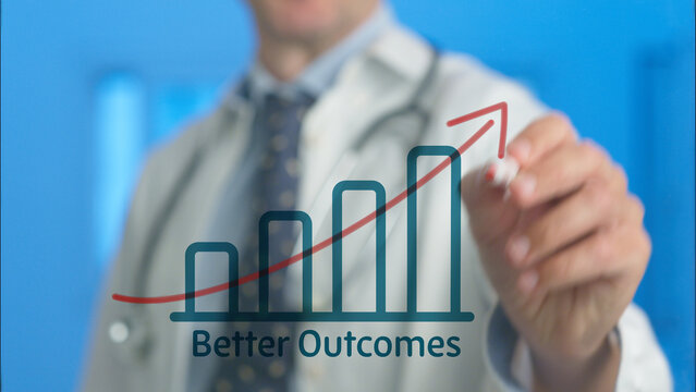 Medical professional drawing an ascending bar graph with a rising red arrow and the text better outcomes, symbolizing improved healthcare results and positive growth in patient progress