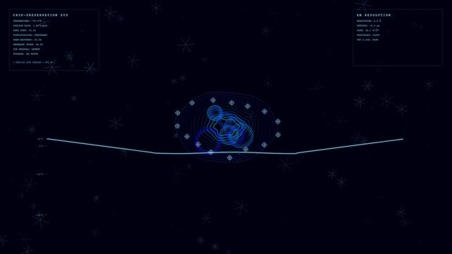 An advanced digital interface for organoid growth monitoring showing a blue holographic cell structure with data readouts and a linear graph on a dark background