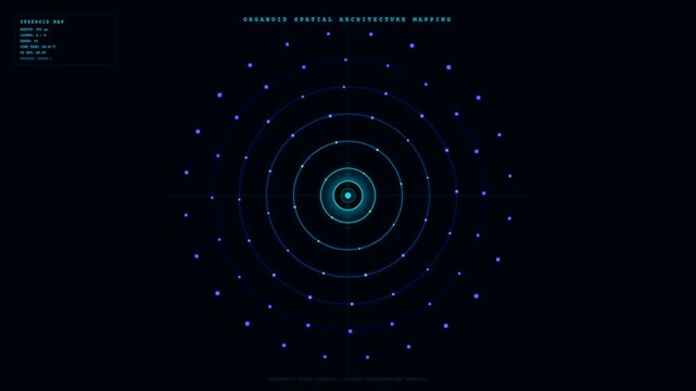 A futuristic holographic display showing organoid growth monitoring through glowing blue concentric circles and data points expanding outward on a deep black digital screen