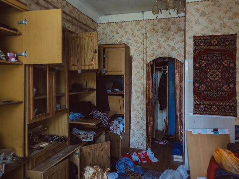 Interior of domestic room of abandoned forsaken apartment house