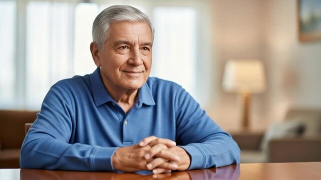 Happy senior man in blue polo shirt sitting at table, portrait of smiling elderly Caucasian male, concept of retirement lifestyle, healthy aging and positive mindset