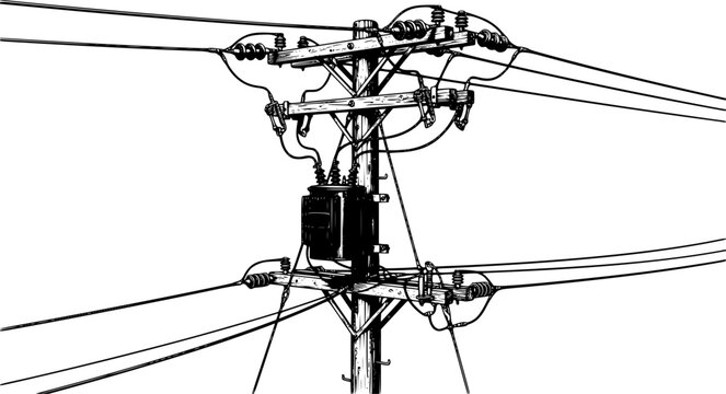 High voltage electrical power line transmission pole with transformer and connecting wires isolated on transparent background graphics.
