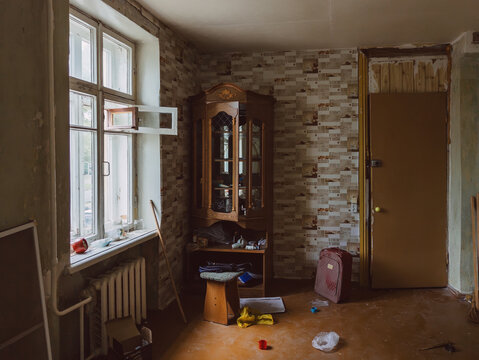 Interior of domestic room of abandoned forsaken apartment house