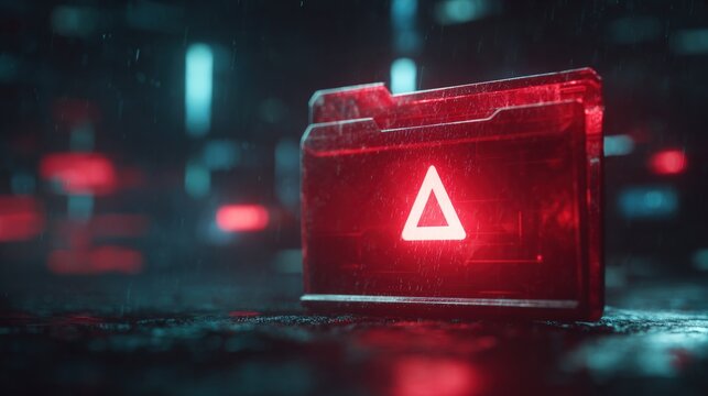 Glowing red digital folder icon with a white triangle symbol in a futuristic high-tech environment.