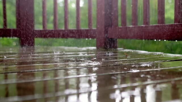 An atmospheric video of a rainstorm. Heavy rain and splashing. Large drops of downpour shatter against the wooden floor of a veranda or balcony. Slow motion.
