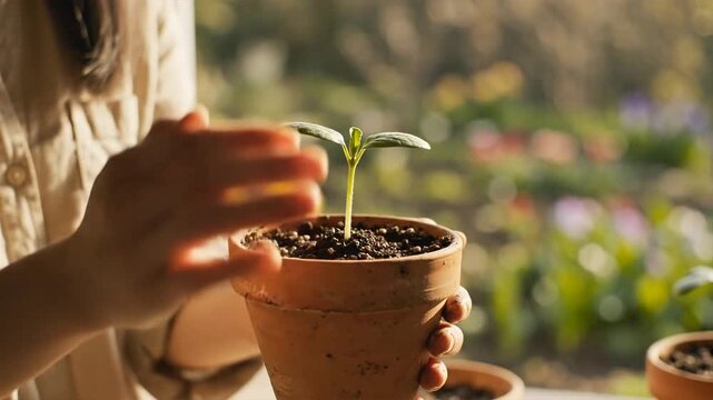 A woman gently holds a small potted plant with blooming green leaves saying hello to spring in her garden.