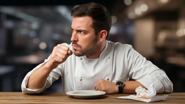Angry male chef sitting at restaurant table with empty plate and crumpled napkin, frustrated professional cook expressing dissatisfaction with food service quality