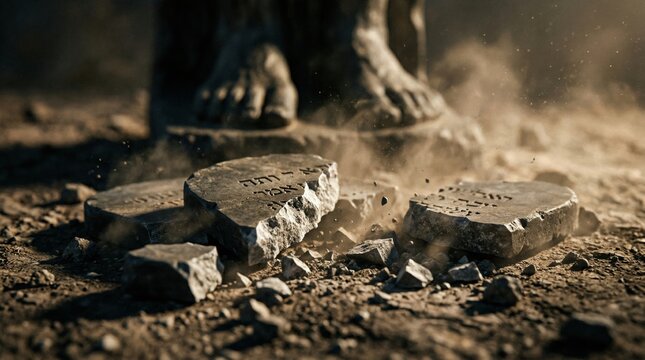 Broken stone tablets with ancient Hebrew script on dusty ground, large feet of statue in background, dramatic desert light.