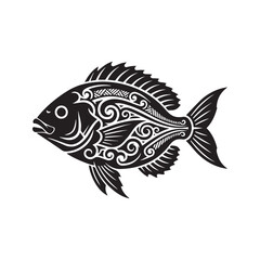 Fototapeta premium Tribal fish tattoo vector silhouette, abstract black and white marine animal illustration 