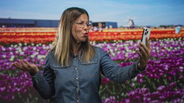 Woman in denim shirt and glasses holding smartphone, singing and gesturing with hand to hair against tulip backdrop in studio; virtual connection happiness.