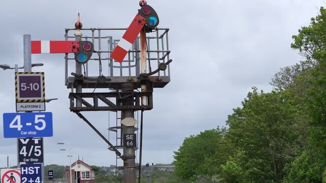 Cornwall, UK - May 14, 2026: Semaphore signals at St. Erth station 
