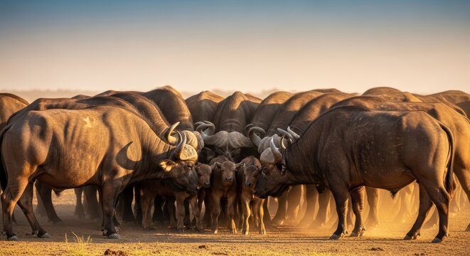A large group of massive wild buffaloes creates a defensive circle around vulnerable young calves on a dusty savanna during a warm afternoon, outdoor, fur, wilderness