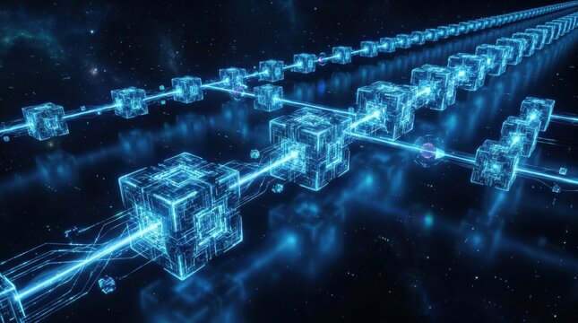 Blockchain Network in Cyberspace: A digital representation of a blockchain network, with glowing blue cubic nodes interconnected by luminous energy streams.