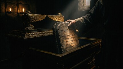 Naklejka premium Moses hand holding stone tablet with Hebrew scriptures, placing into sacred ark of covenant in dark ancient chamber, dramatic light.