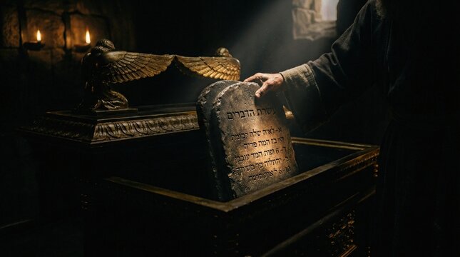 Moses hand holding stone tablet with Hebrew scriptures, placing into sacred ark of covenant in dark ancient chamber, dramatic light.