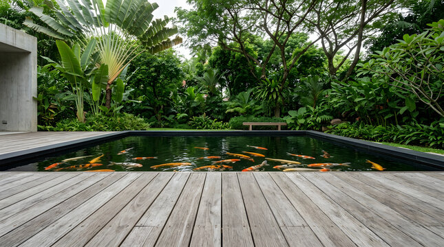 Tropical koi pond with teak deck and lush garden