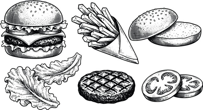 Vintage burger fries and ingredient engraving set featuring detailed fast food illustration