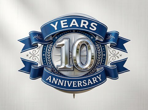 10 years anniversary celebration emblem with silver numbers and blue ribbons