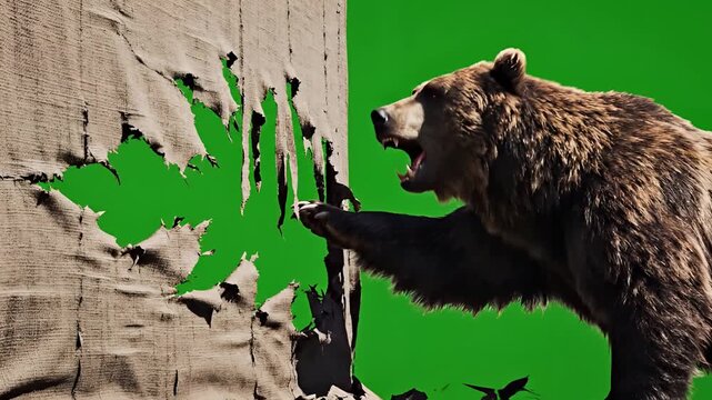 Brown Bear Rips Through Wooden Wall Revealing Green Screen Background.