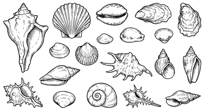 Vintage hand drawn seashell collection with detailed marine engraving style isolated illustration