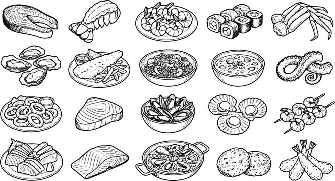 Vintage seafood engraving collection featuring fish shellfish sushi and marine dishes illustration