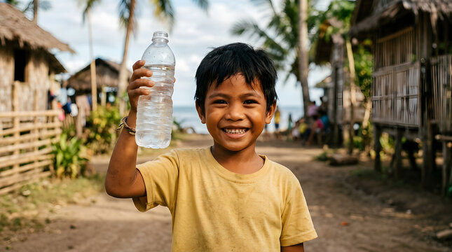 Filipino child holding water bottle smiling in coastal village humanitarian concept