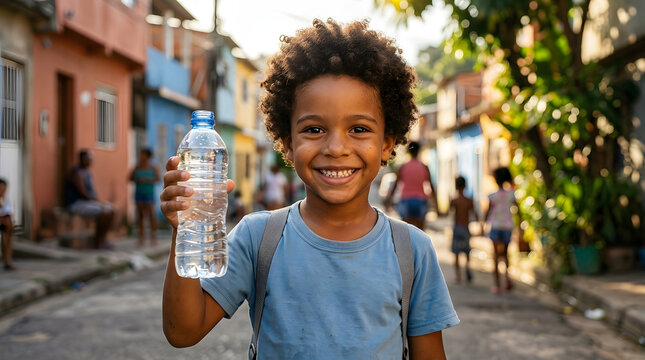 Brazilian child holding water bottle smiling in sunny urban neighborhood humanitarian concept