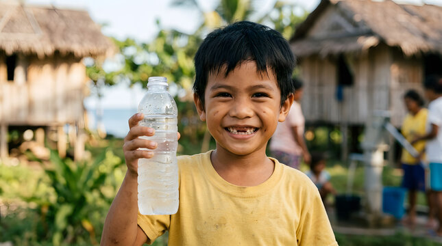 Filipino child holding water bottle smiling in coastal village humanitarian concept