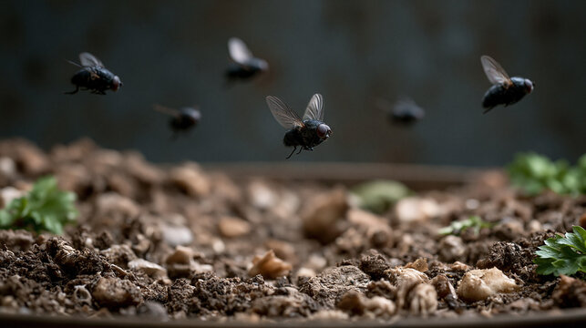 Insect activity observation flies in flight over soil nature scene close-up perspective entomological study