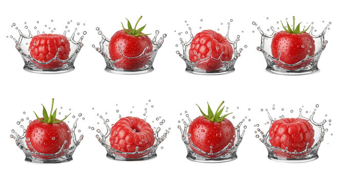 raspberries splashing into water different views against a white backdrop for use in culinary imagery