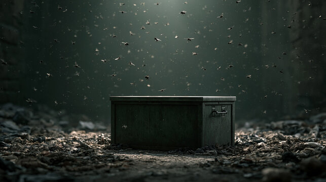 Mysterious discovery unveiled abandoned desk surrounded by dust and flies dark basement artistic photography eerie atmosphere