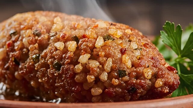 Closeup of a delicious goldenbrown fried kibbeh with fresh parsley garnish.