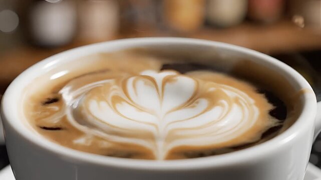 Closeup of Coffee Splash and Latte Art in a White Cup.