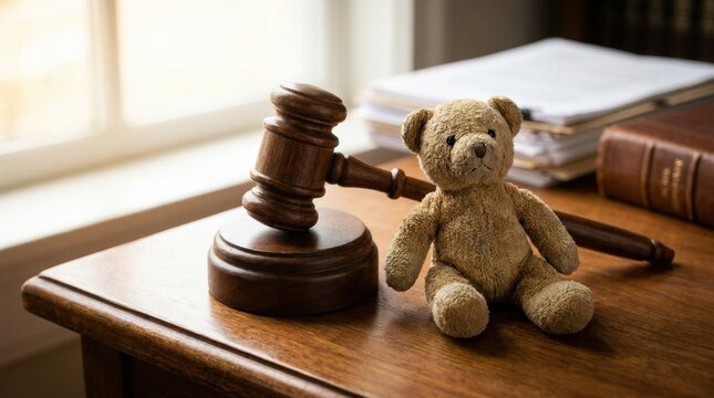 Teddy Bear at Law: A poignant scene depicting a solitary teddy bear sitting next to a judge's gavel on a wooden desk, symbolizing justice and innocence in the legal system.
