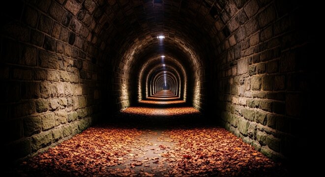 Deep shadows stretch across a stone tunnel floor covered in dry leaves, captured in a dark cinematic style with high contrast lighting, atmosphere, black, seasonal