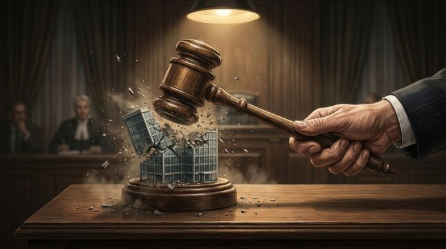 Justice Smashed: A gavel strikes down with force, shattering a glass-like structure representing legal or financial fragility, under the watchful eyes of robed figures in a courtroom setting.