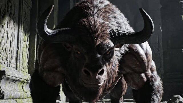 Ferocious minotaur warrior charging in ancient stone labyrinth, mythological creature fantasy cinematic animation