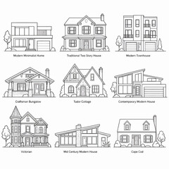 Fototapeta premium Set of various architectural house styles illustrated in a clean line art design.