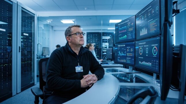 Control Room Operator: A focused man in a control room, wearing glasses and a badge, sits at a console, attentively observing data displayed on multiple computer monitors.