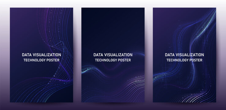 Glowing Digital Data Wave Lines With Data Visualization Futuristic Technology Poster Set