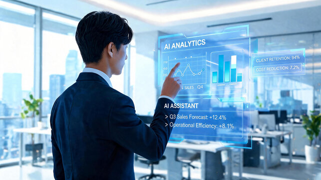 Japanese Businessman Operating a Transparent Hologram UI in a Futuristic Office: Next-Generation AI Workflow