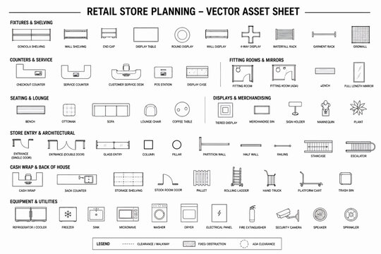 Comprehensive retail store planning vector asset sheet with furniture and equipment icons for architectural floor plans.