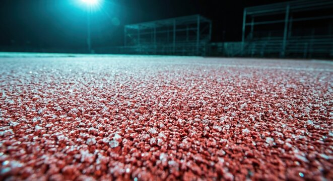 Close-up steeplechase track surface texture at night, stadium lights