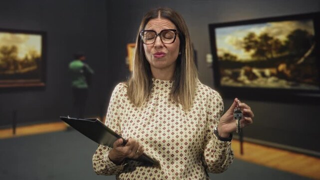 Middle age woman holds keys and clipboard and makes a skeptical face while standing in a museum building; skepticism.