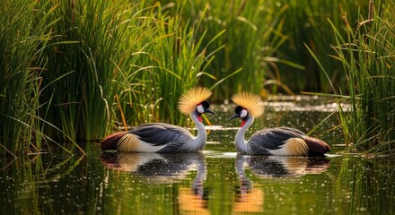 Naklejka premium Two majestic crowned cranes nest amidst a lush wetland sanctuary, surrounded by tall green reeds and tranquil waters in a wild landscape, grass, avian, ecosystem