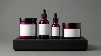 Fototapeta premium Elegant set of cosmetic jars and dropper bottles on a display stand, ready for custom branding