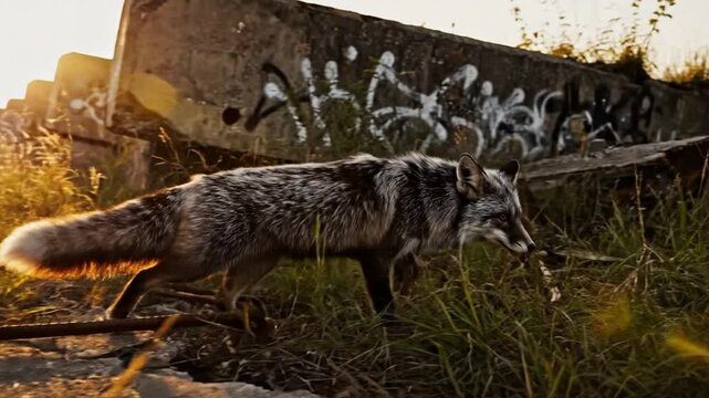 Silver fox walking through urban ruins at sunset, cinematic wildlife encounter in abandoned industrial landscape